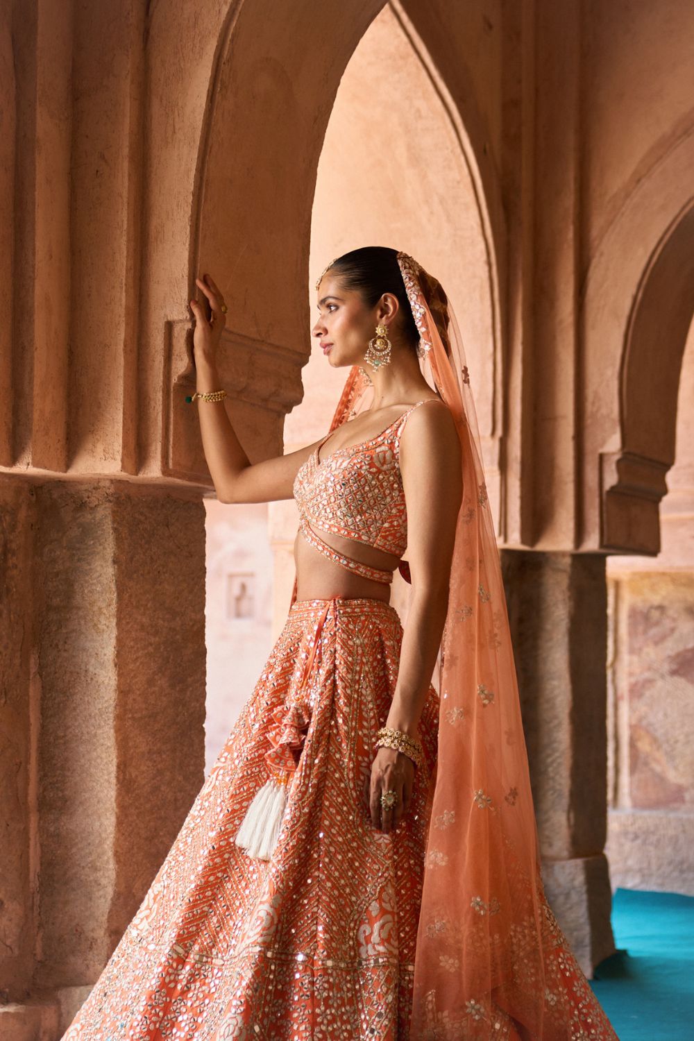 SURAJ — Orange Raw Silk Lehenga Set