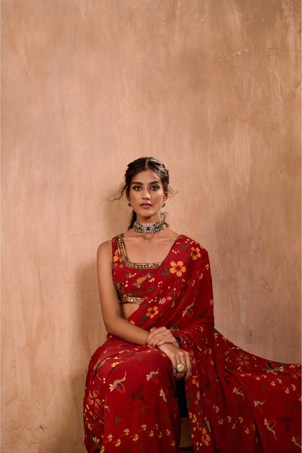 RED PRINT EMBROIDERED CHOLI WITH PRE-DRAPED SARI SET