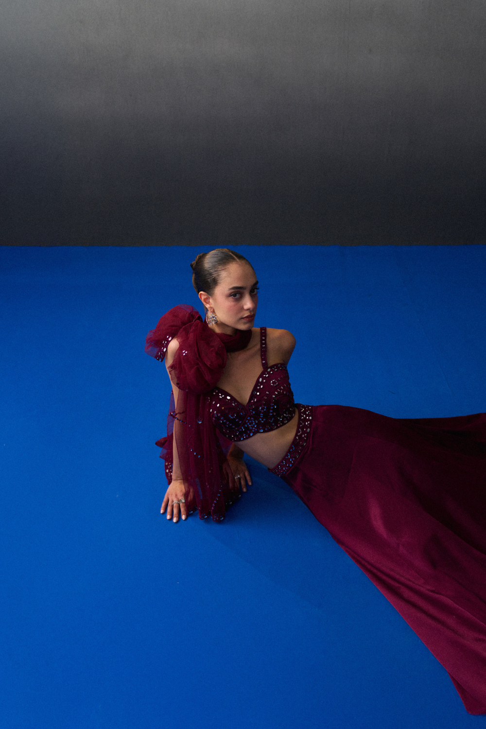 Crimson Satin Silk Skirt Set