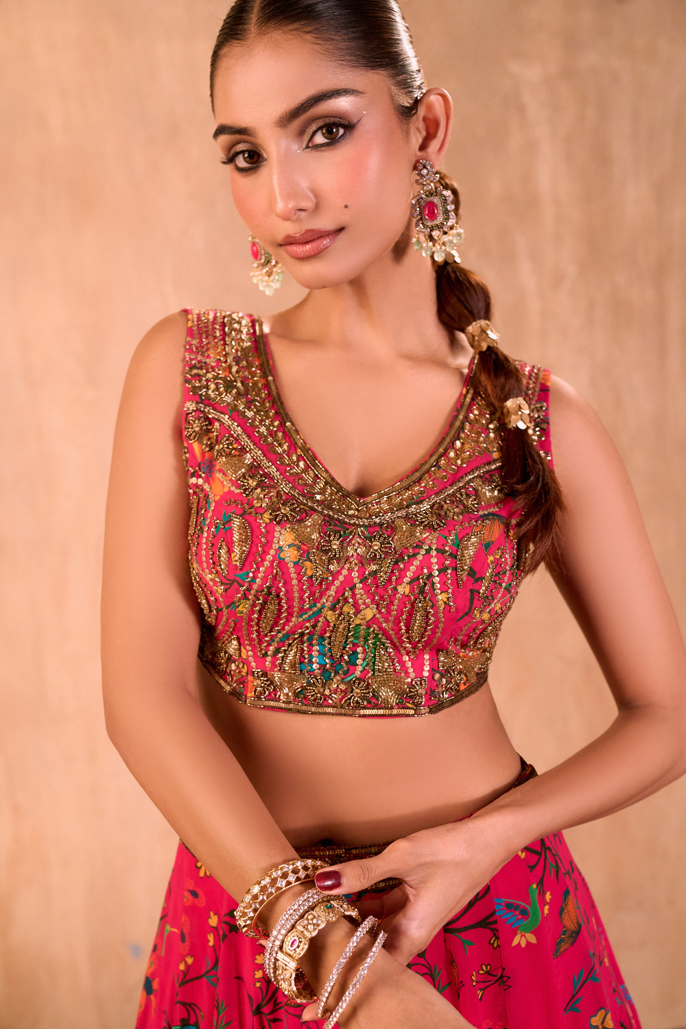 PINK PRINT EMBROIDERED CHOLI, LEHENGA AND DUPATTA SET