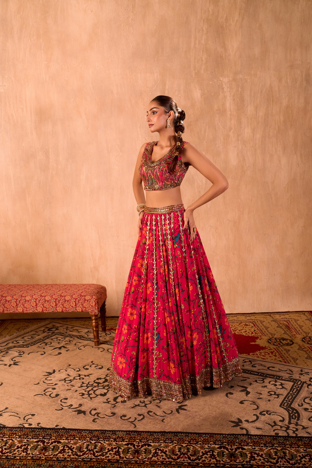 PINK PRINT EMBROIDERED CHOLI, LEHENGA AND DUPATTA SET