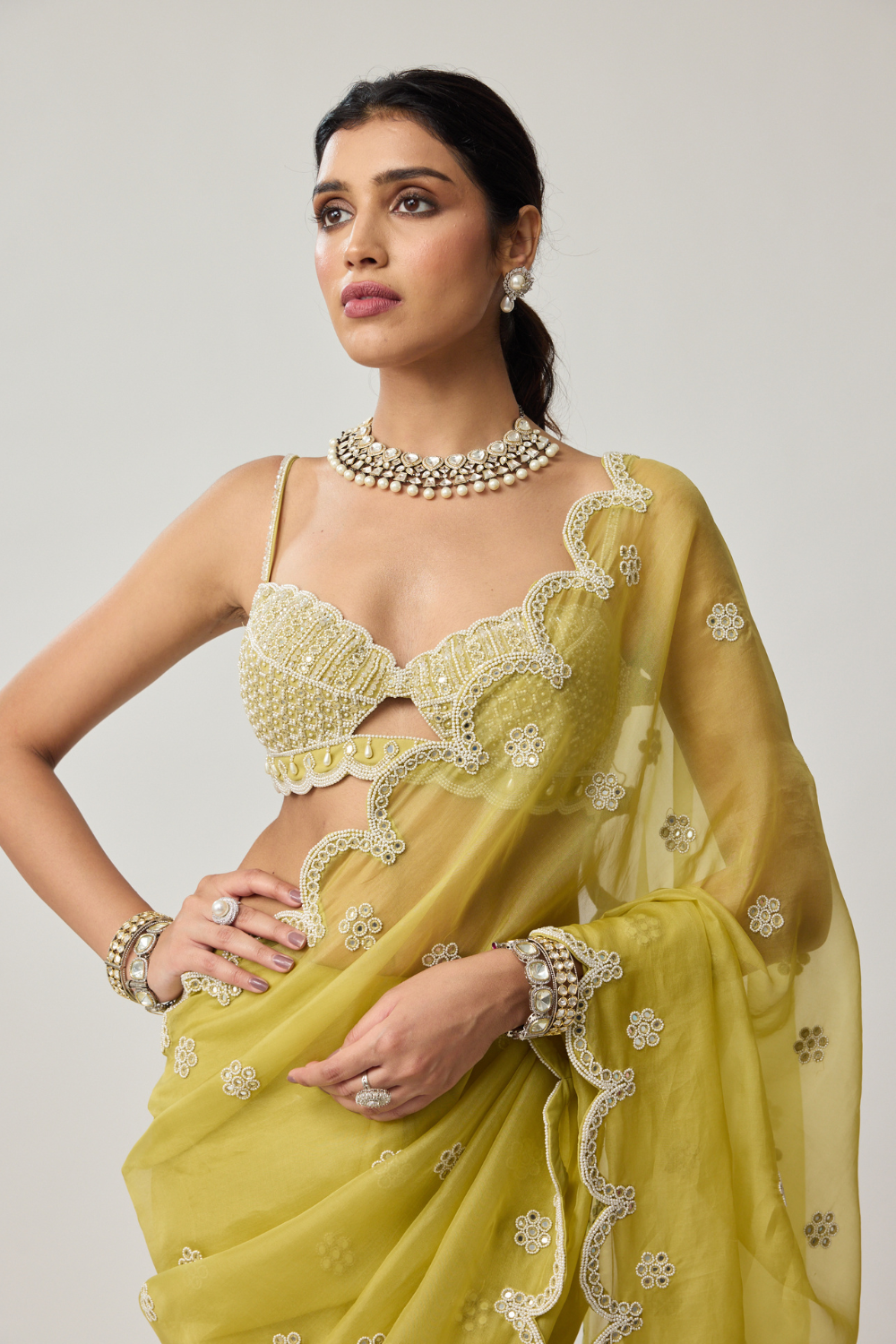 Fern Green Organza Mirror and Pearl saree set