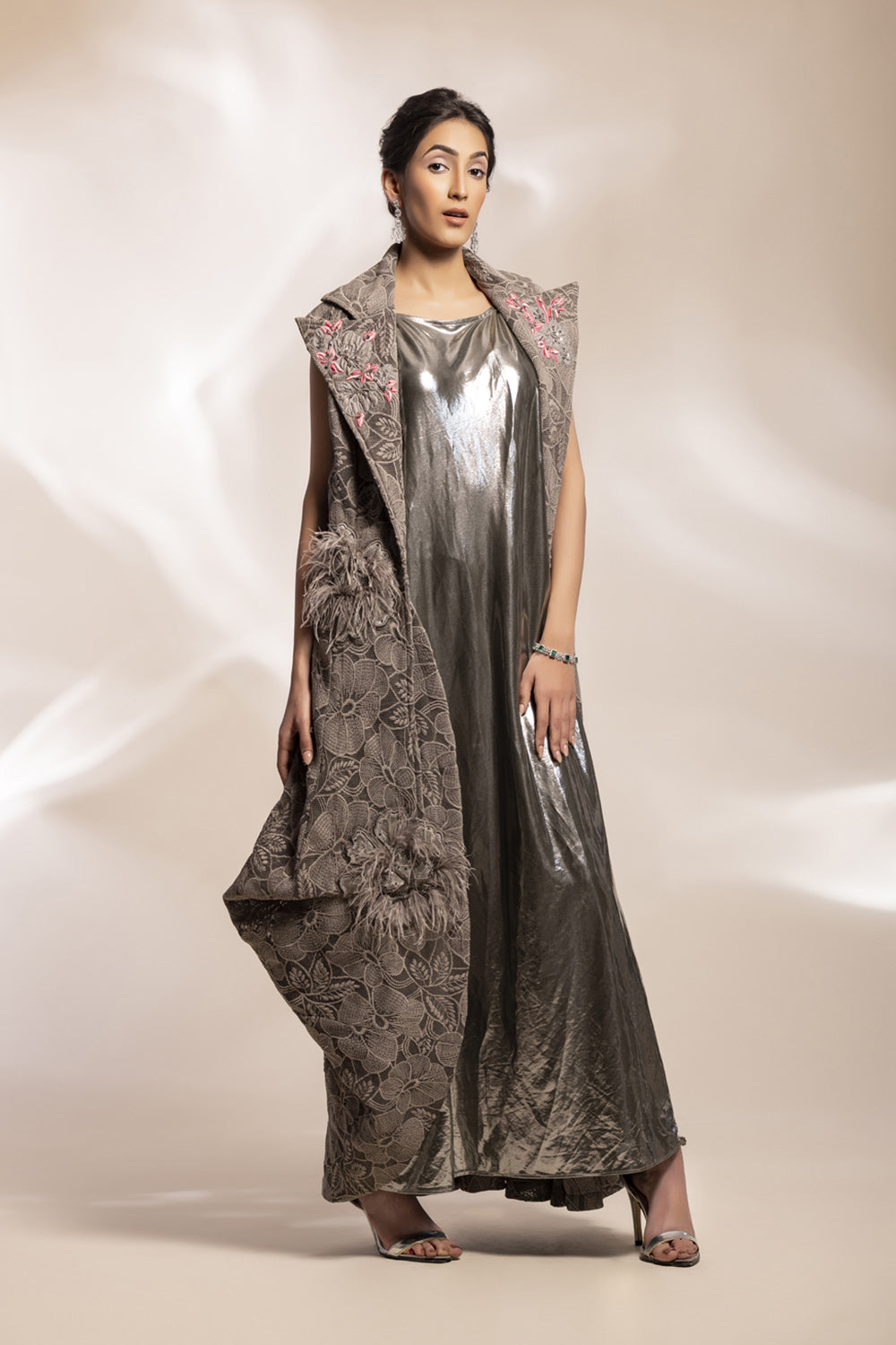 Drape long jacket with inner drape dress