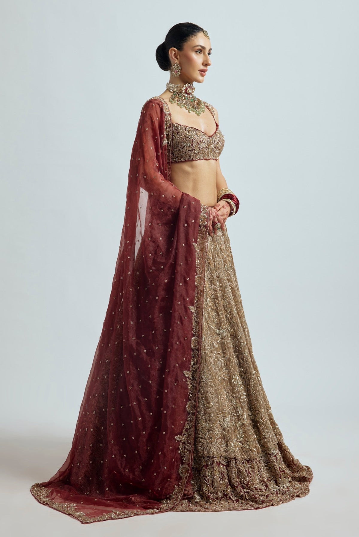 NAZNEEN BROWN MAROON LEHENGA