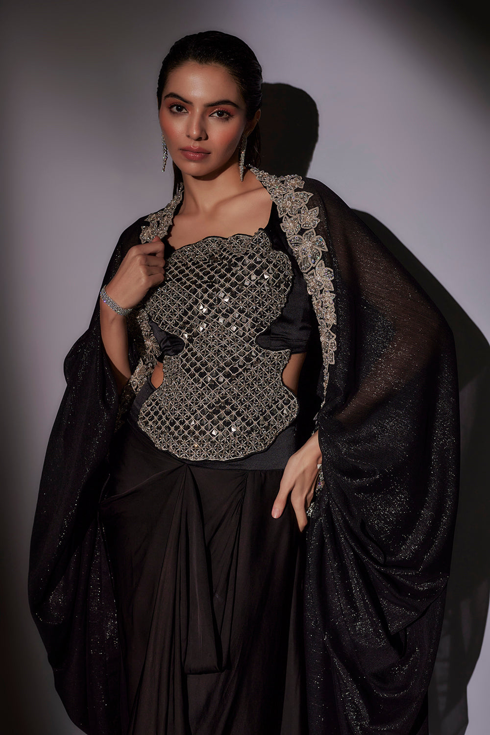 Heavy Hand Mbroidered Top With Ballon Cape Paired With Our Signature Pickup Skirt