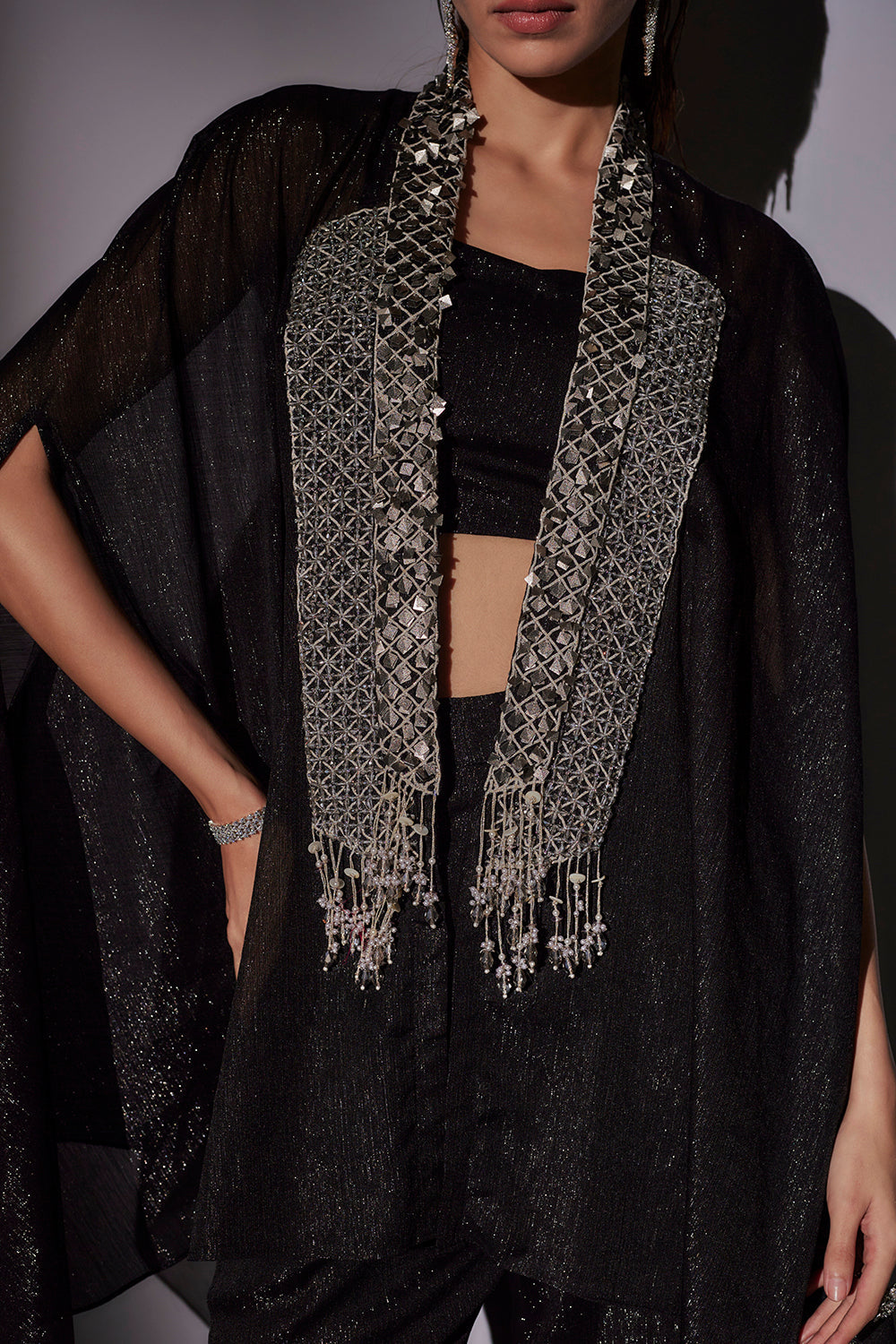Double Collar Check Embroidered Cape Paird With Lurex Bustier And Panel Flared Sharara