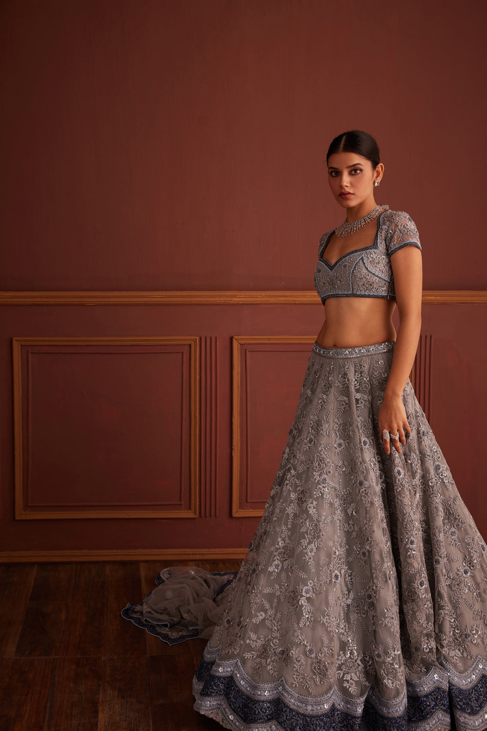Grey Bead Embellished Scalloped Lehenga