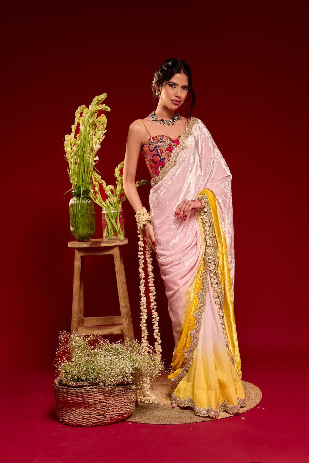 Pink yellow saree set