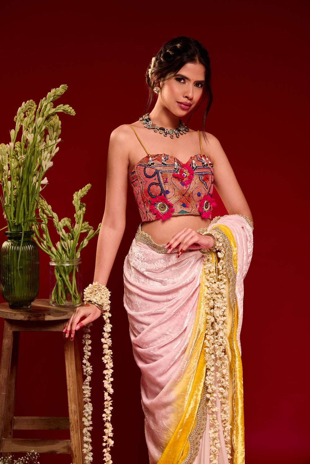 Pink yellow saree set