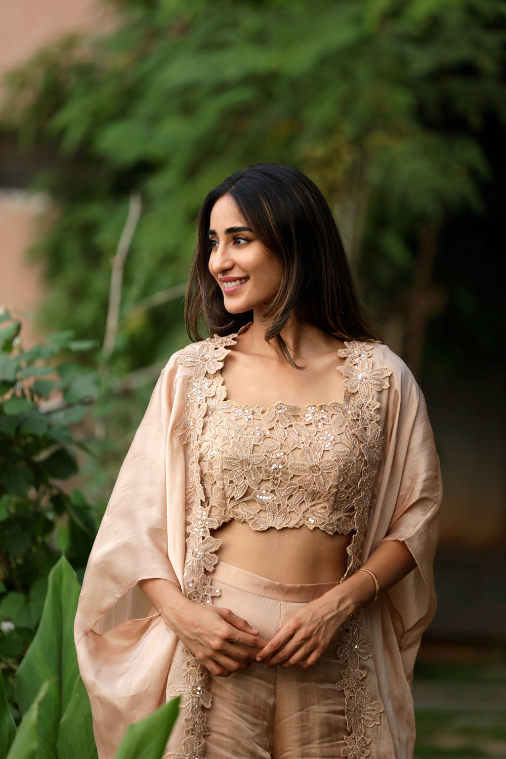 Crochet Cape With Embroidered Blouse And Pants