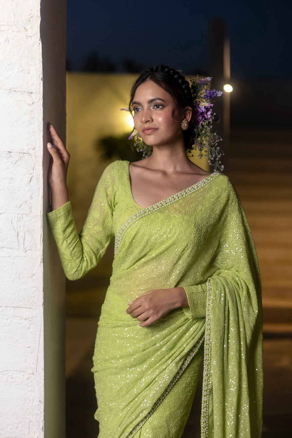 Green Georgette Sequin Embroidered Saree