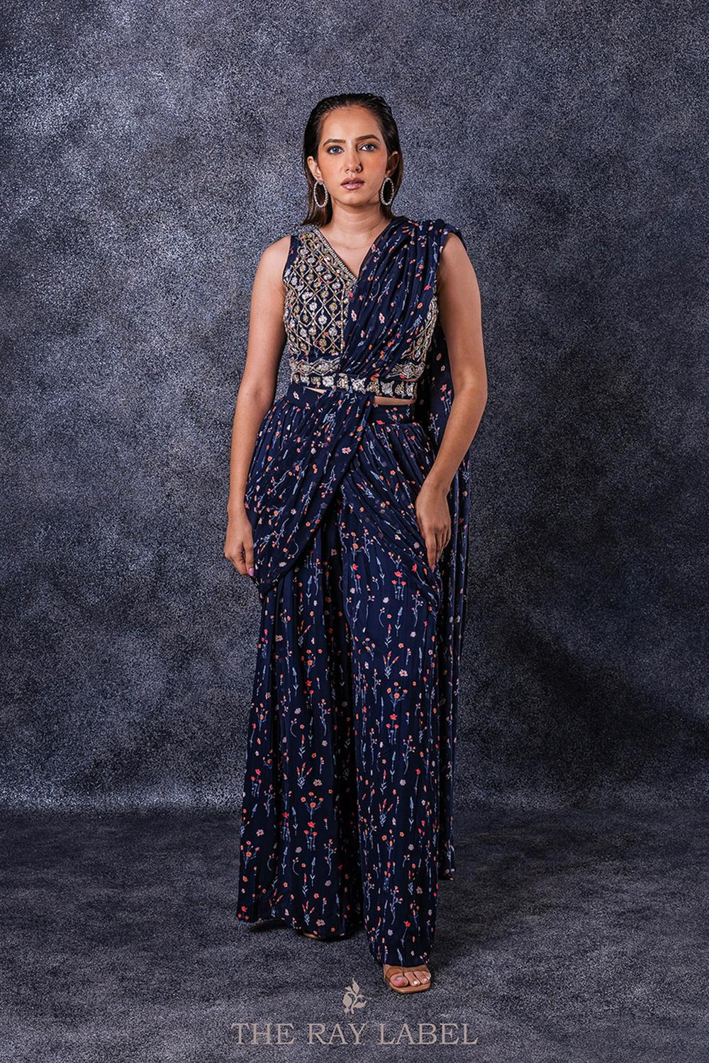 Navy Blue Floral Pre-Draped Saree Set