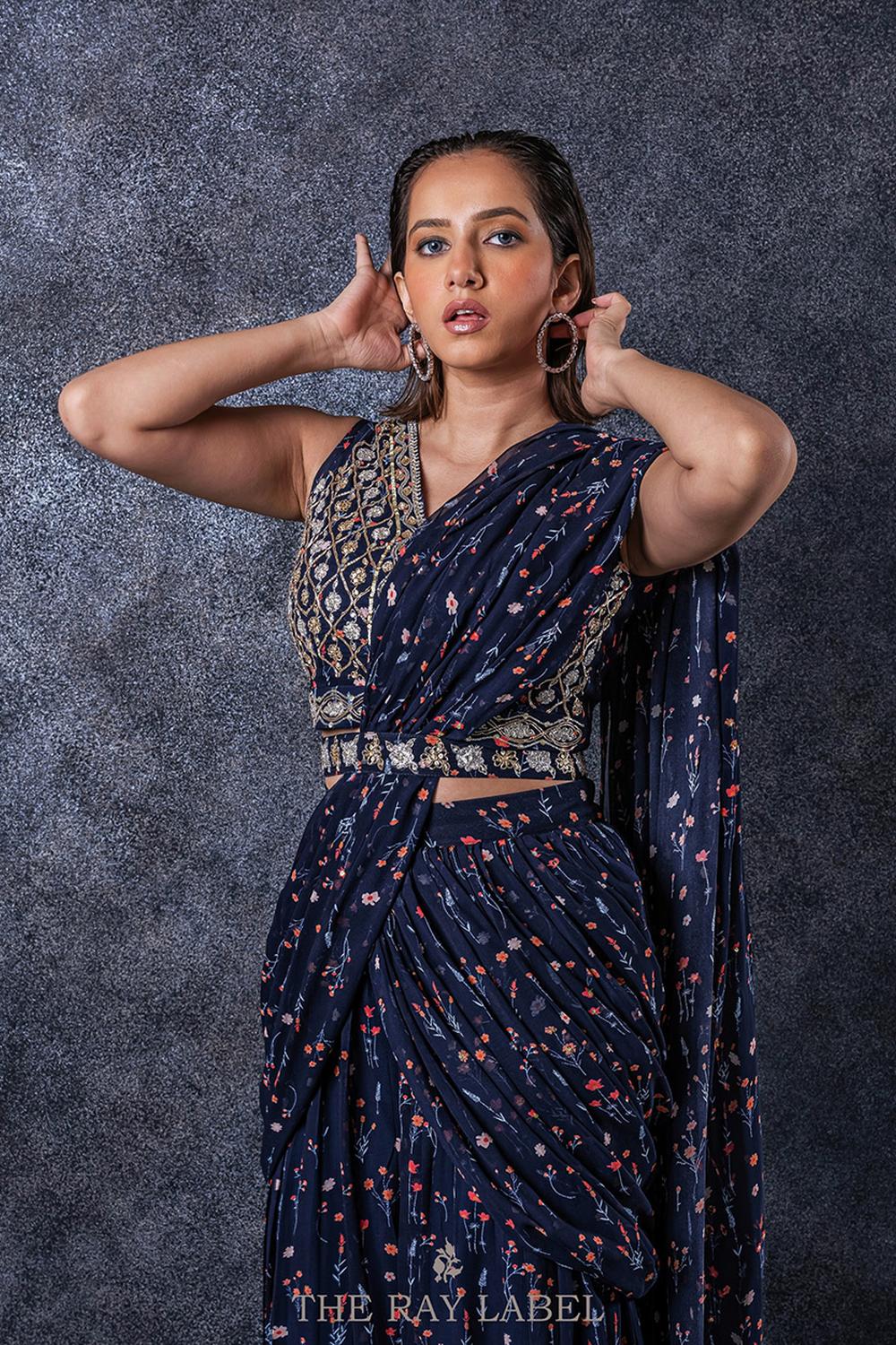 Navy Blue Floral Pre-Draped Saree Set