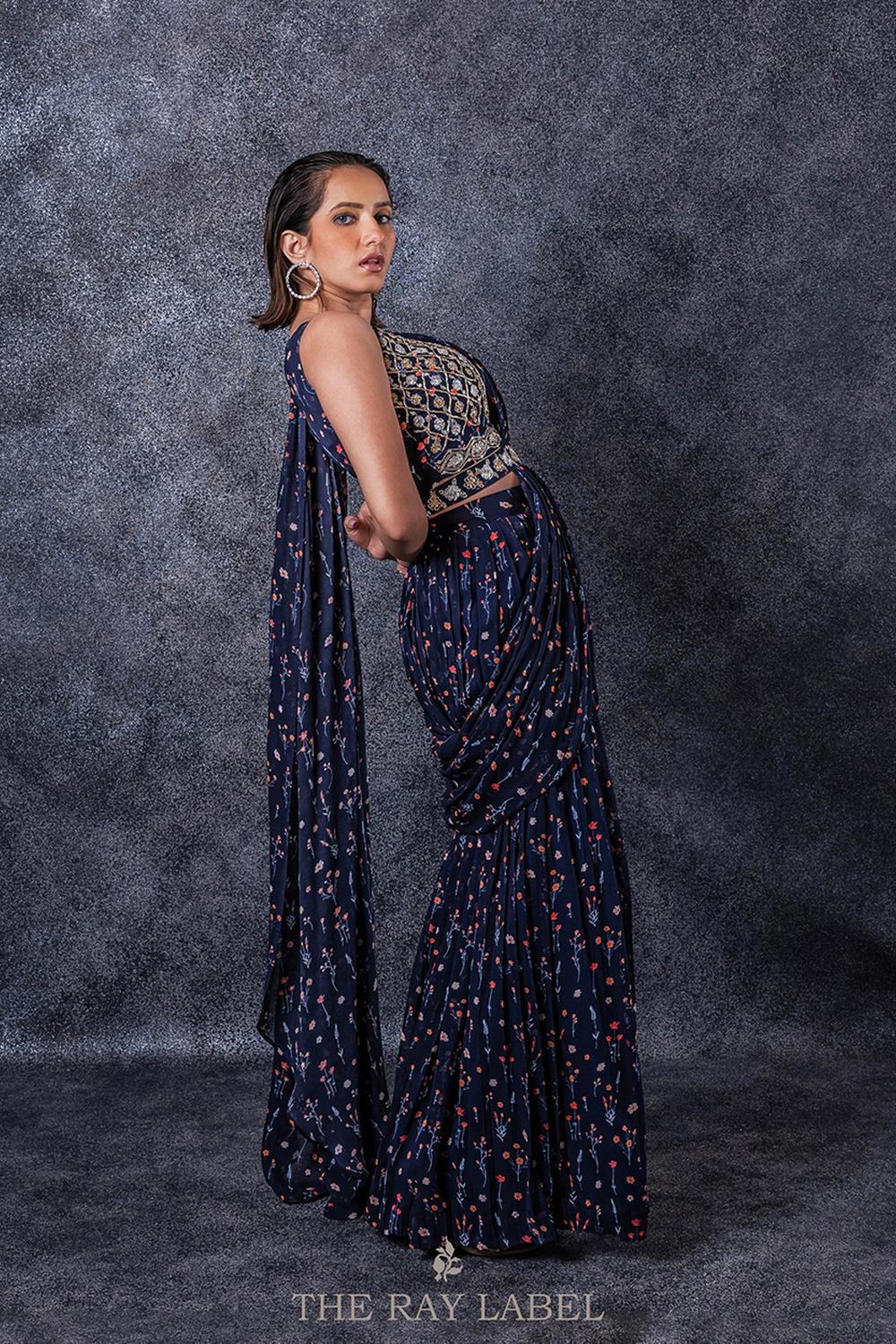 Navy Blue Floral Pre-Draped Saree Set