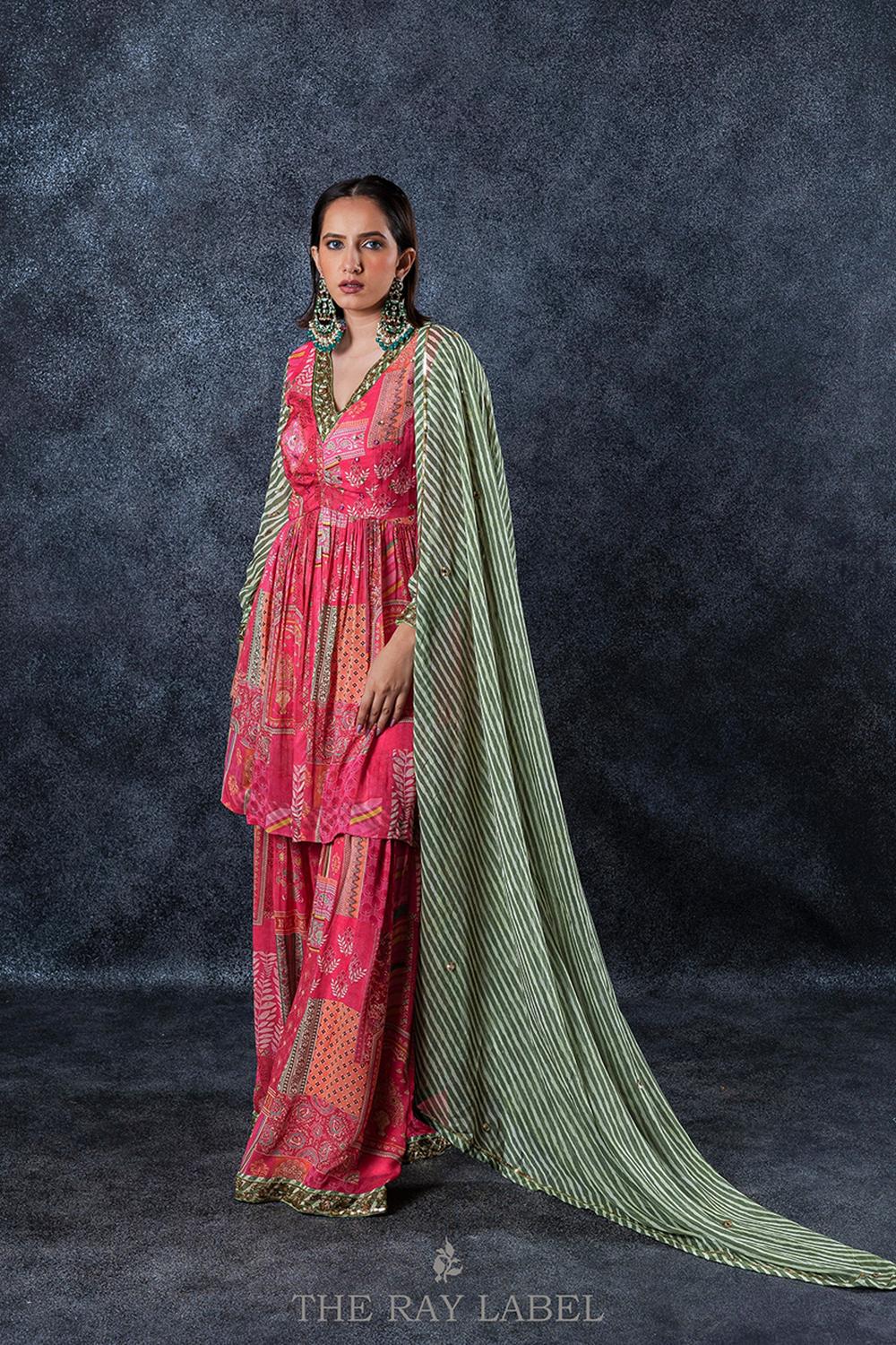Fuchsia Pink And Sage Green Sharara Set
