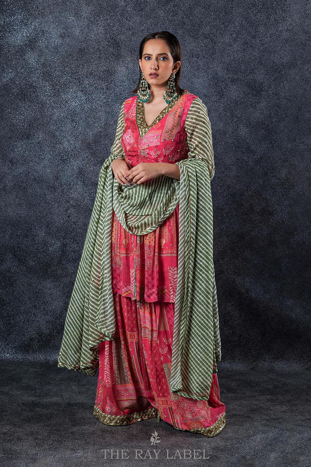 Fuchsia Pink And Sage Green Sharara Set