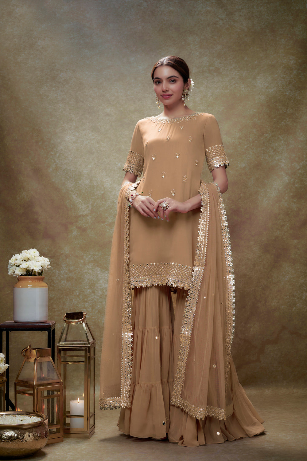 Fawn Mirror Work Gota Kurta Sharara Set