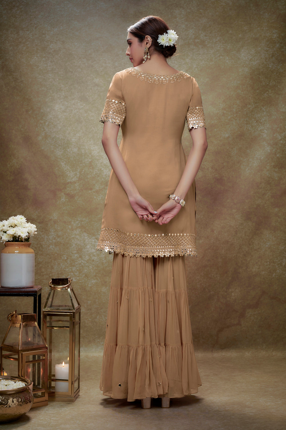 Fawn Mirror Work Gota Kurta Sharara Set