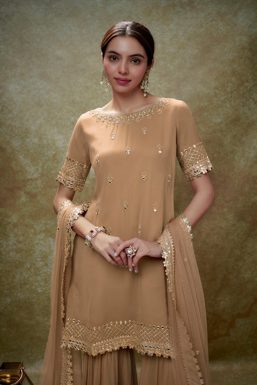 Fawn Mirror Work Gota Kurta Sharara Set