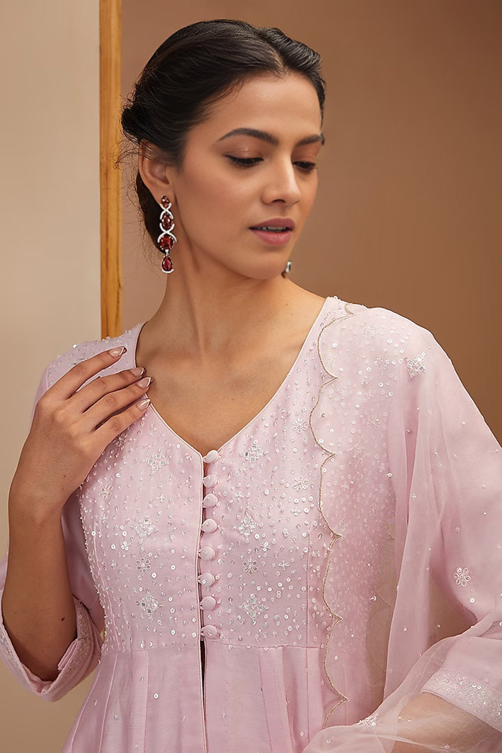 Pink Color Hand Embroidered Chanderi Silk Set