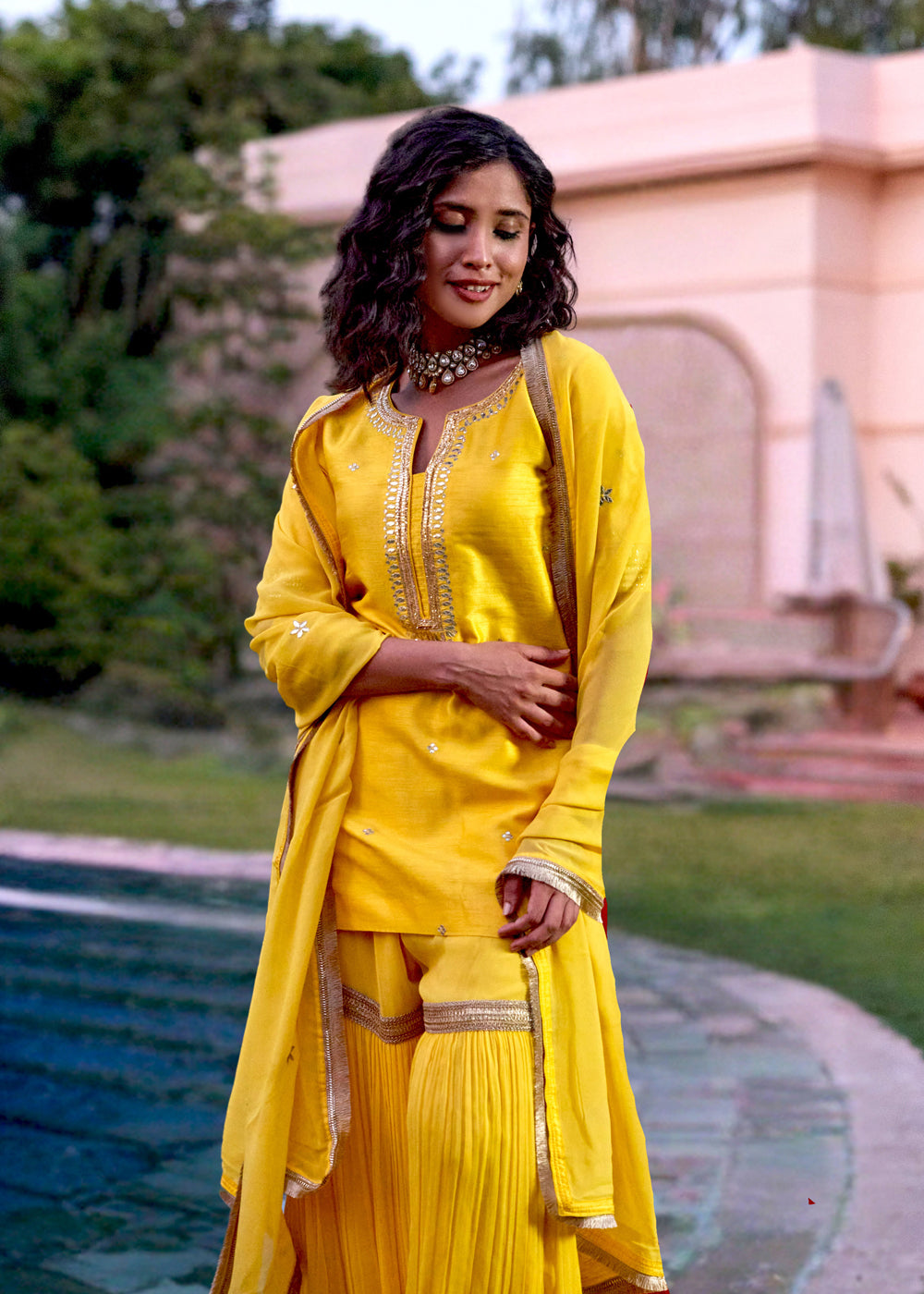 Yellow Silk Georgette Embroidered Sharara Set