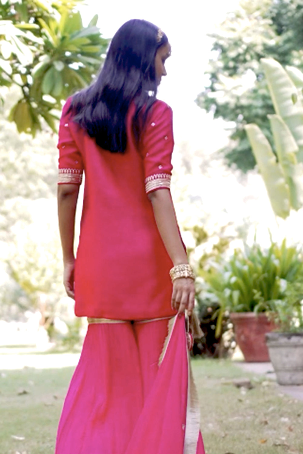 Rani Pink Silk Georgette Embroidered Sharara Set
