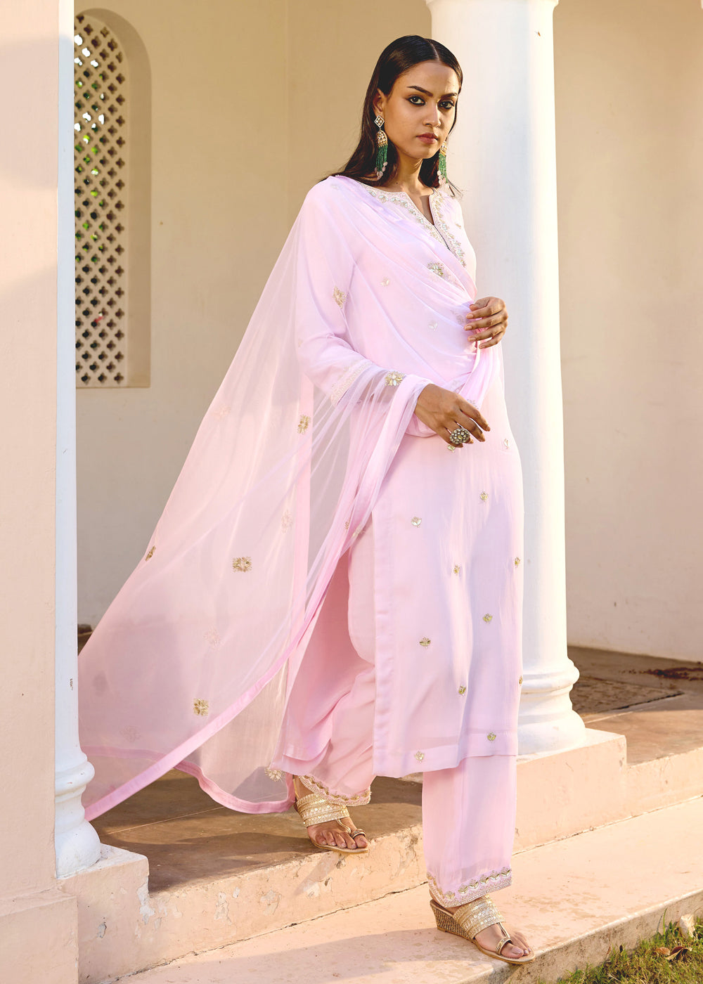 Blush Pink Georgette Kurta Set With Gota Patti