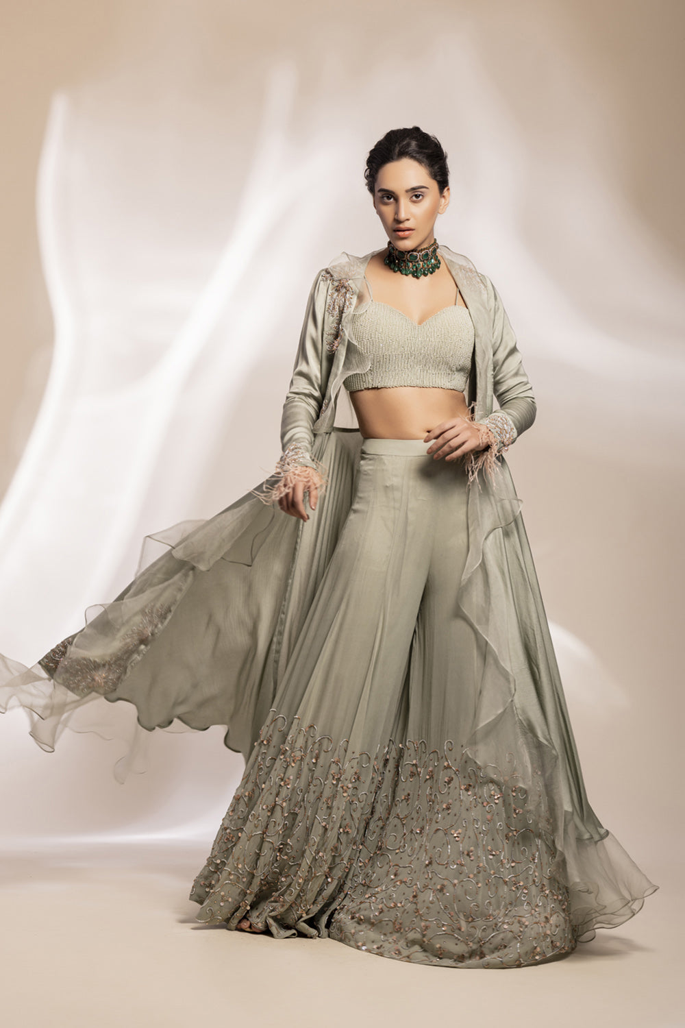 Long assymetrical jacket, inner corset and sharara