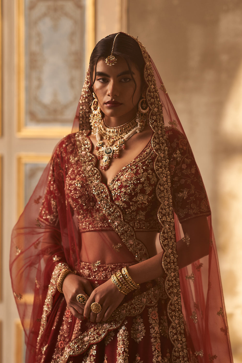 Maroon Raw Silk Double Dupatta Lehenga Set