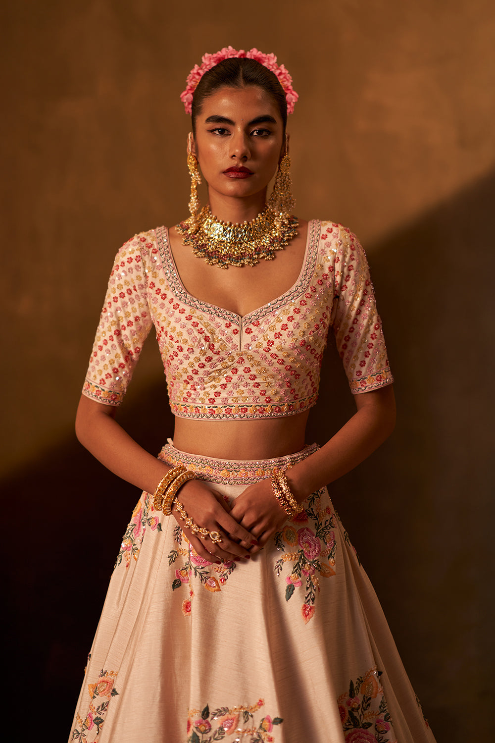 Pink Raw Silk Double Dupatta Lehenga Set