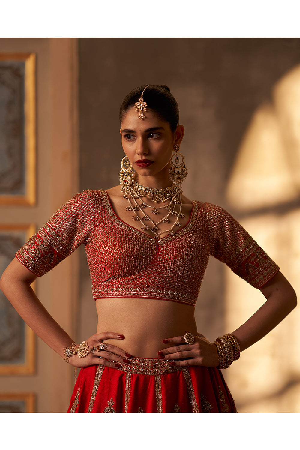 Red Raw Silk Double Dupatta Lehenga Set