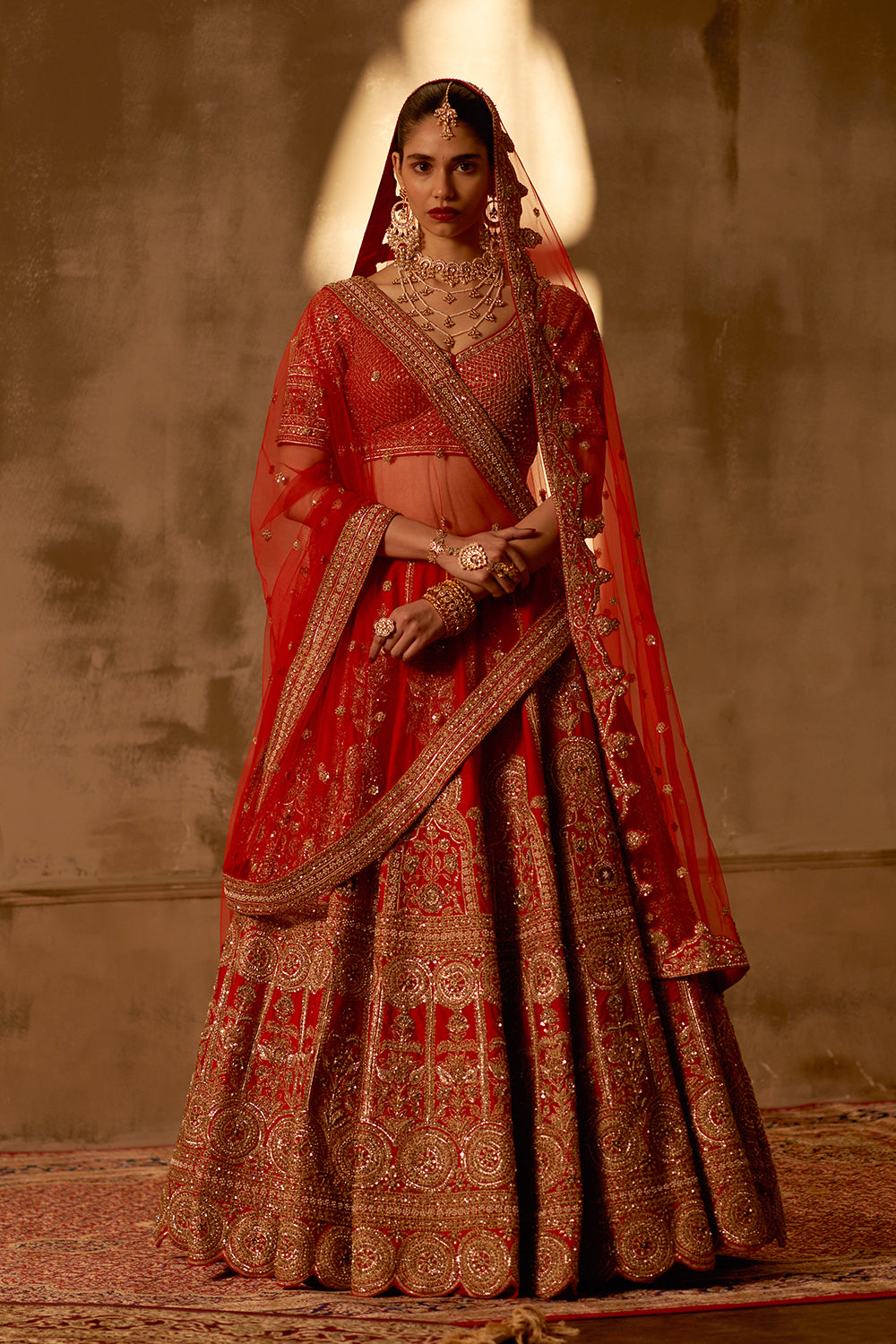 Red Raw Silk Double Dupatta Lehenga Set