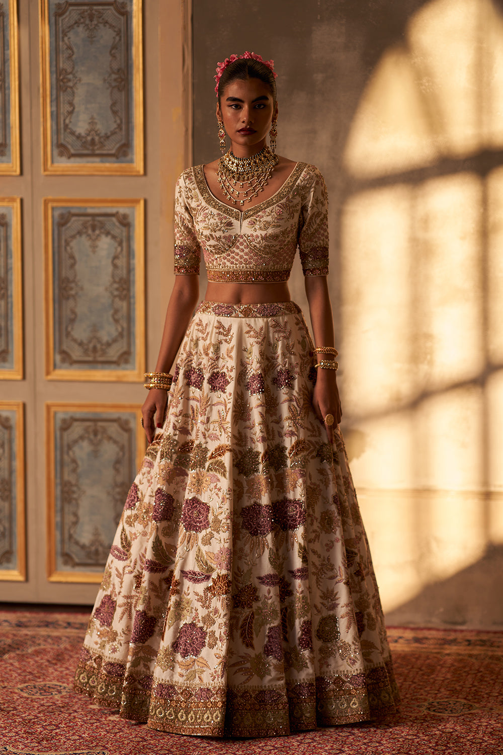 Ivory Raw Silk Double Dupatta Lehenga Set