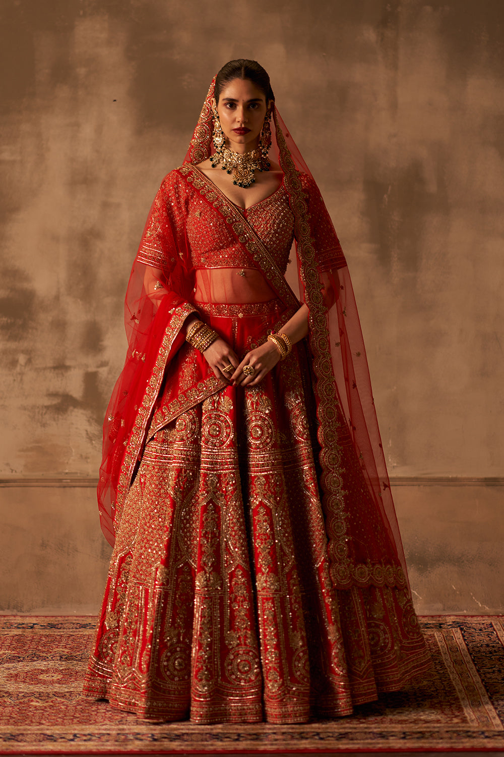 Red Raw Silk Double Dupatta Lehenga Set