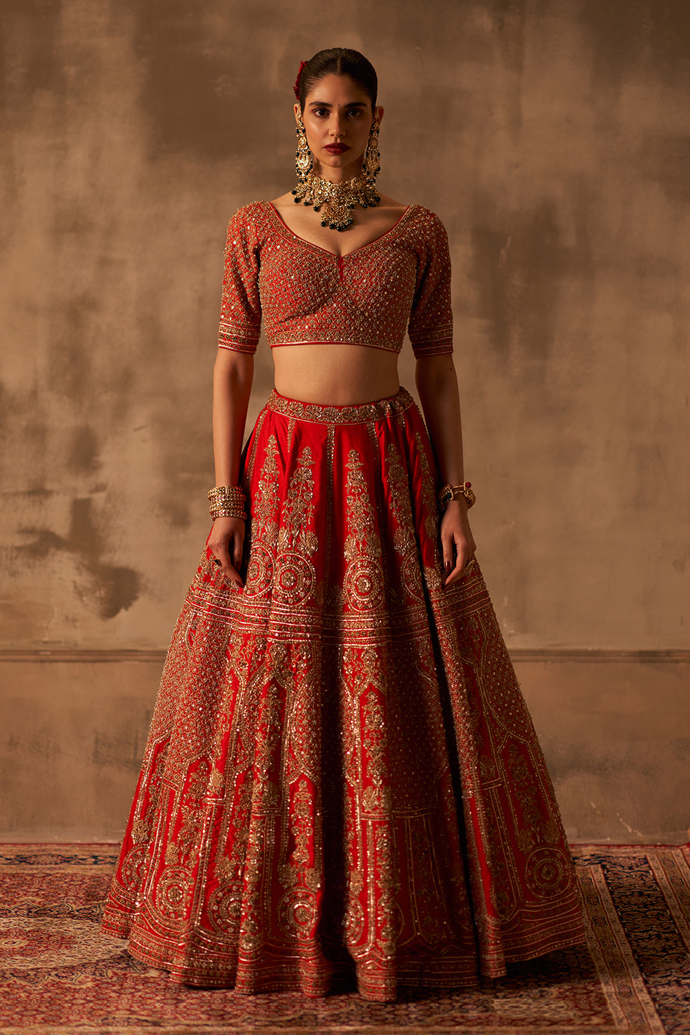 Red Raw Silk Double Dupatta Lehenga Set