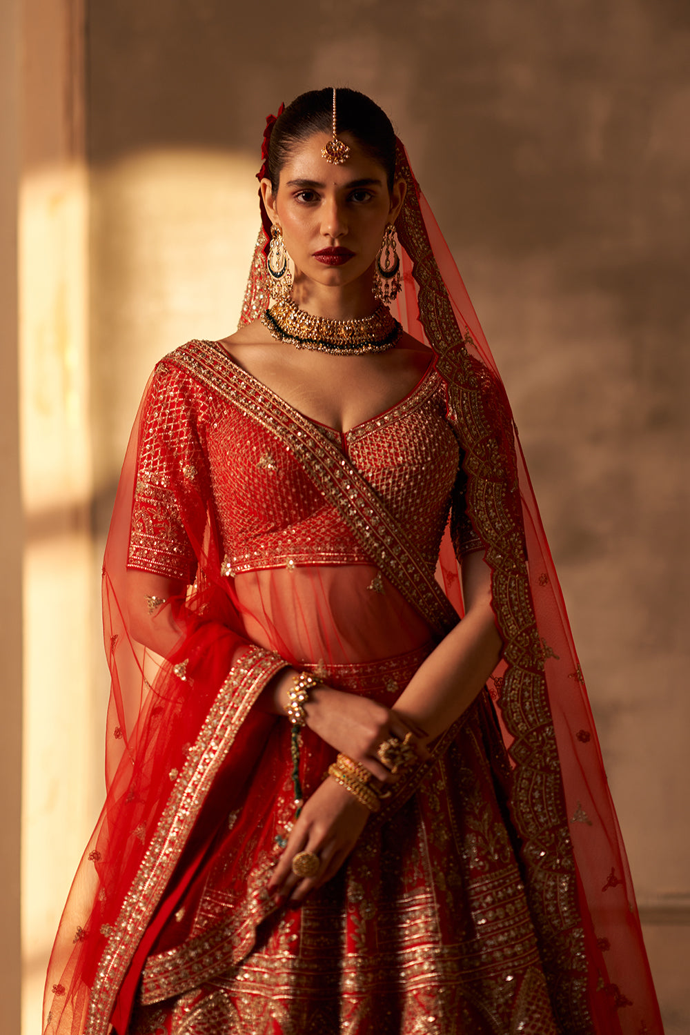 Red Raw Silk Double Dupatta Lehenga Set