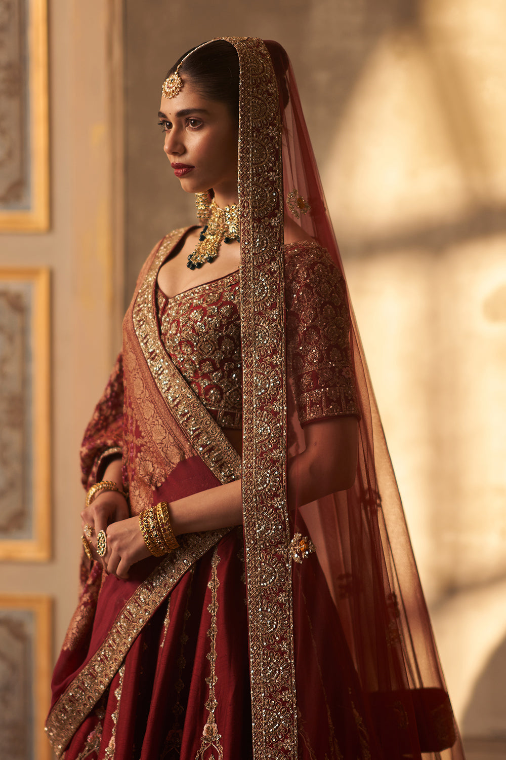 Maroon Raw Silk Double Dupatta Lehenga Set