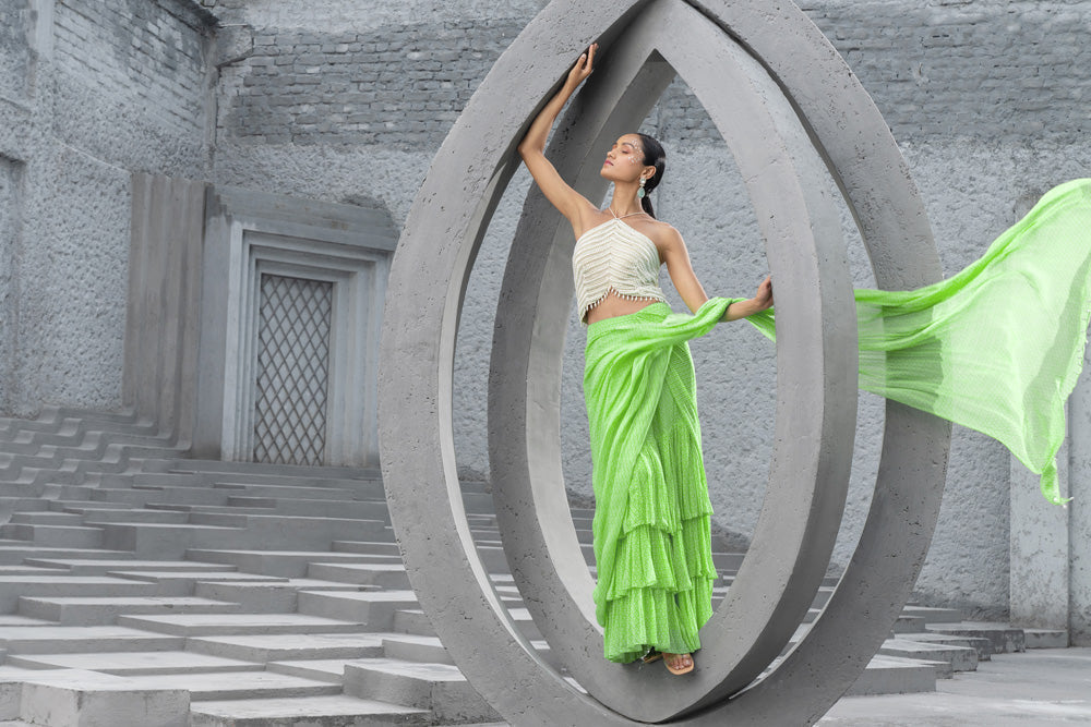 Lime Green Printed Pre-Stitched Saree And Blouse