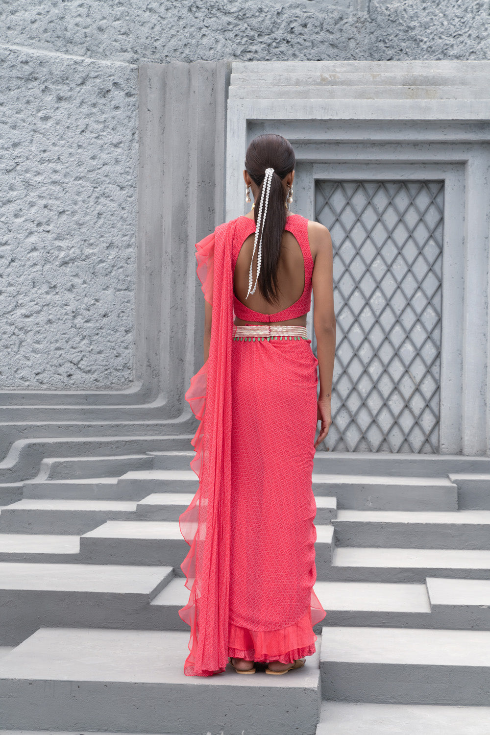 Raspberry Printed Sharara Saree With Blouse