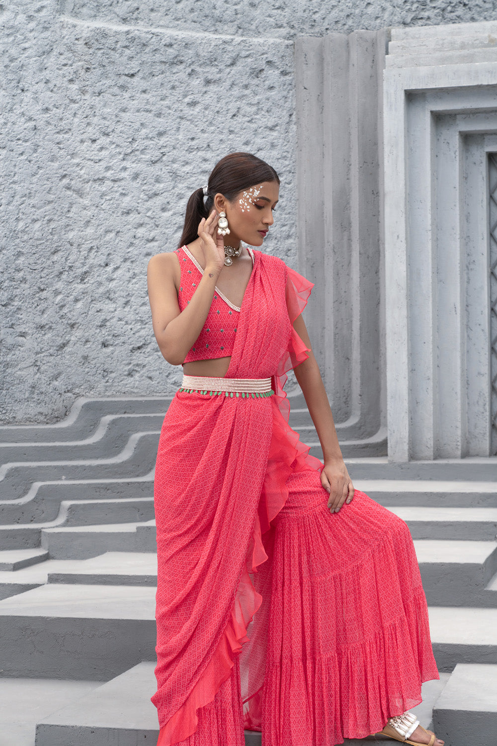 Raspberry Printed Sharara Saree With Blouse