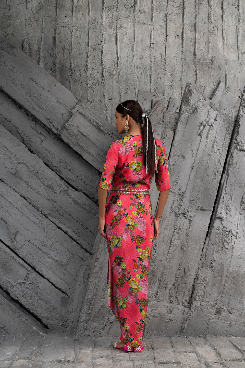Raspberry Printed Draped Dress