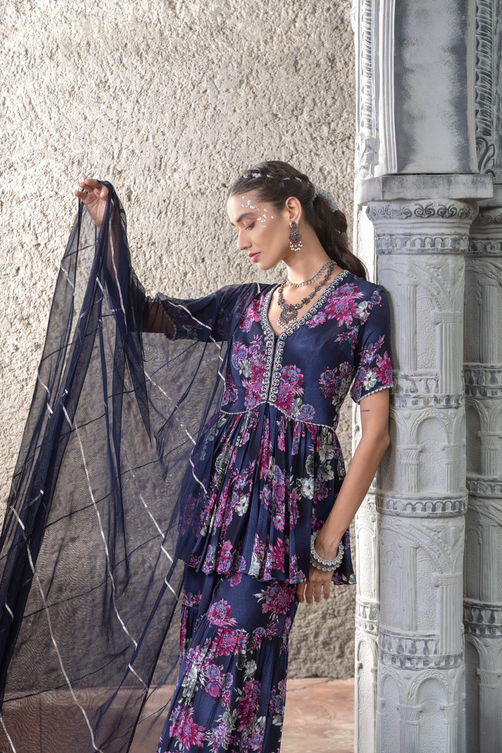 Navy Blue Printed Sharara Set