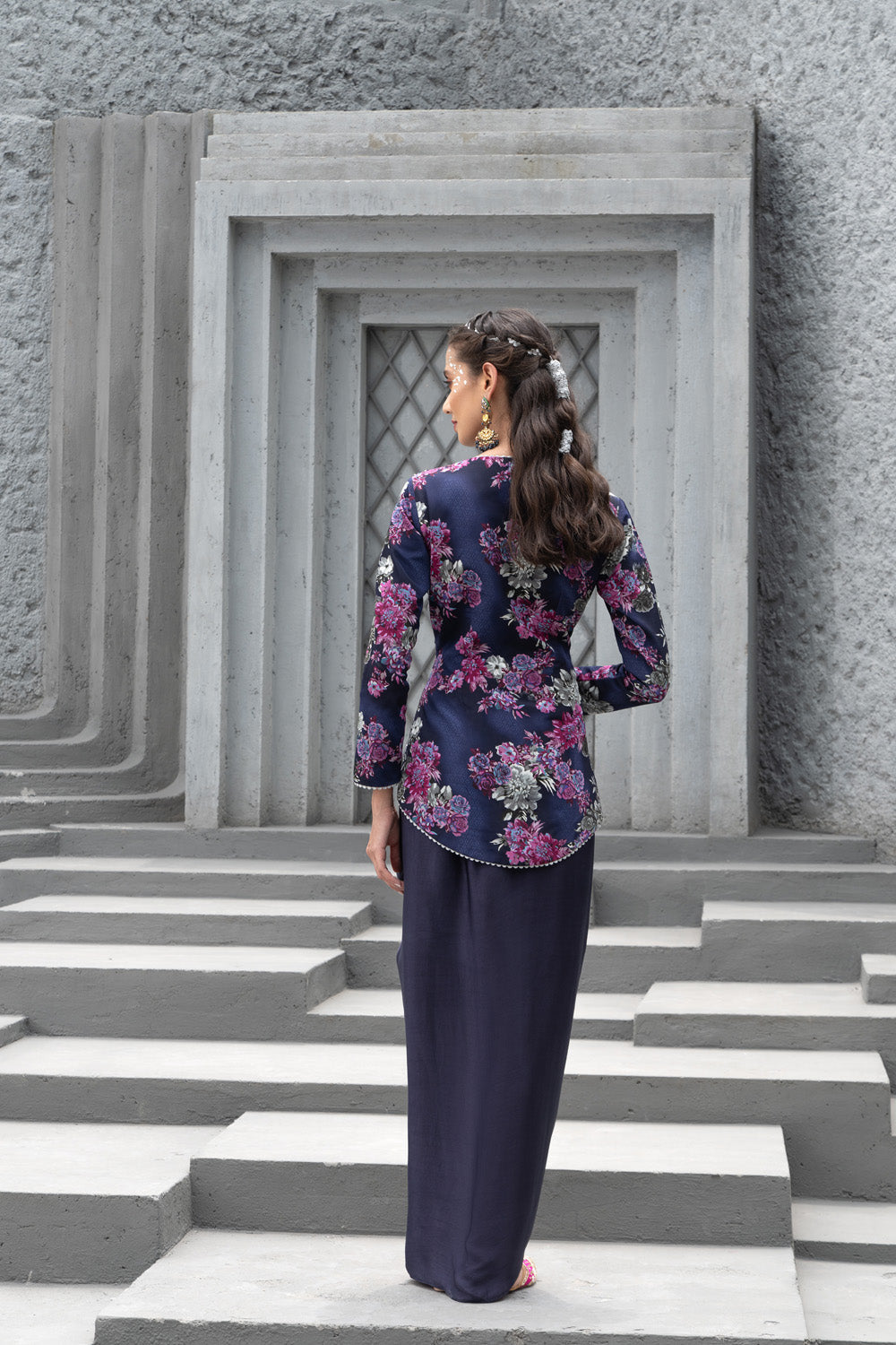 Navy Blue Printed Jacket And Draped Skirt