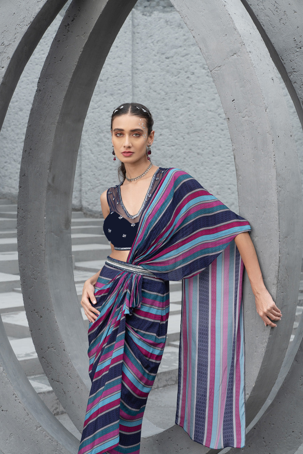 Navy Blue Embroidered Blouse With Draped Saree Skirt