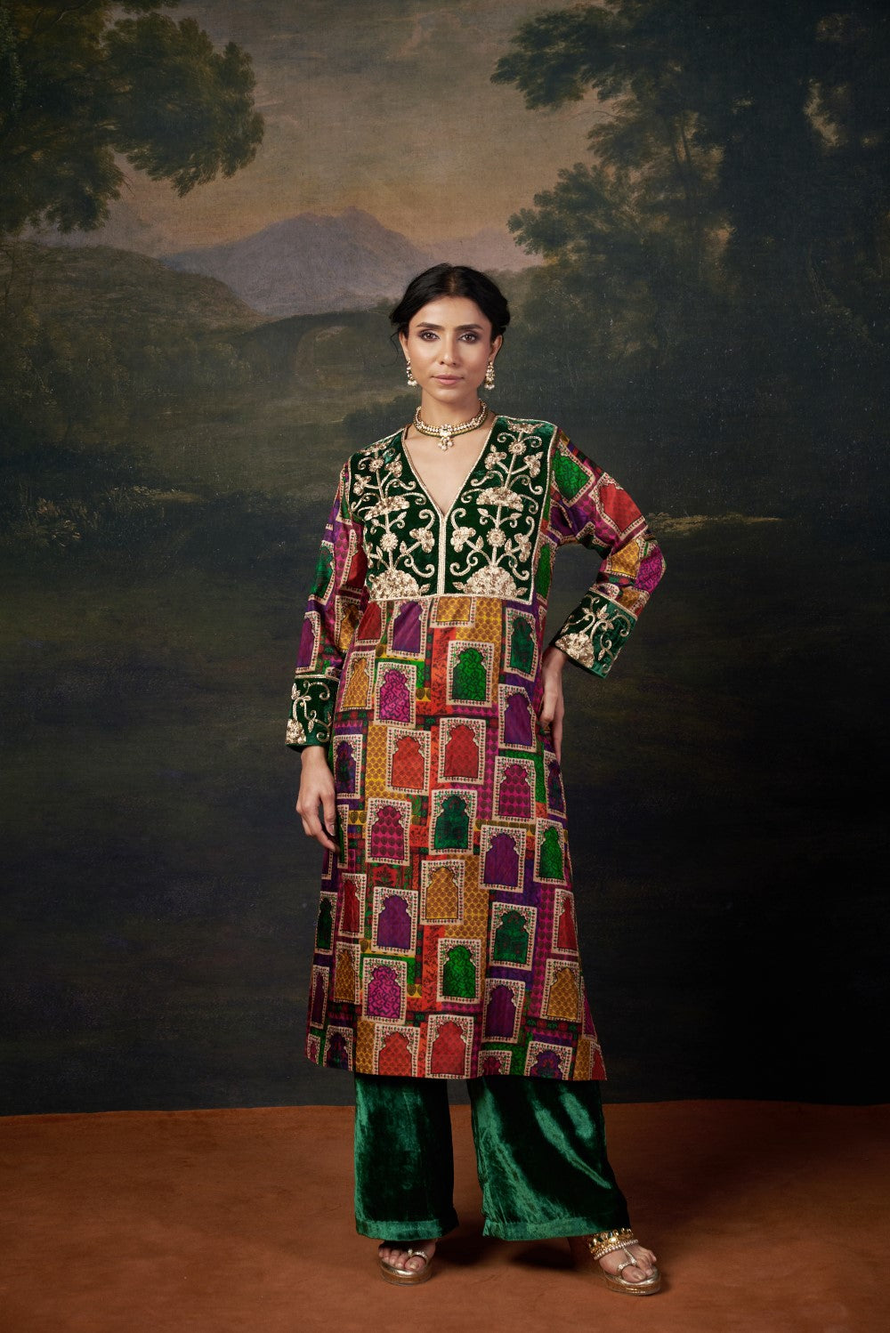 Hand-Embroidered Jharoka Print Green Kurta Set