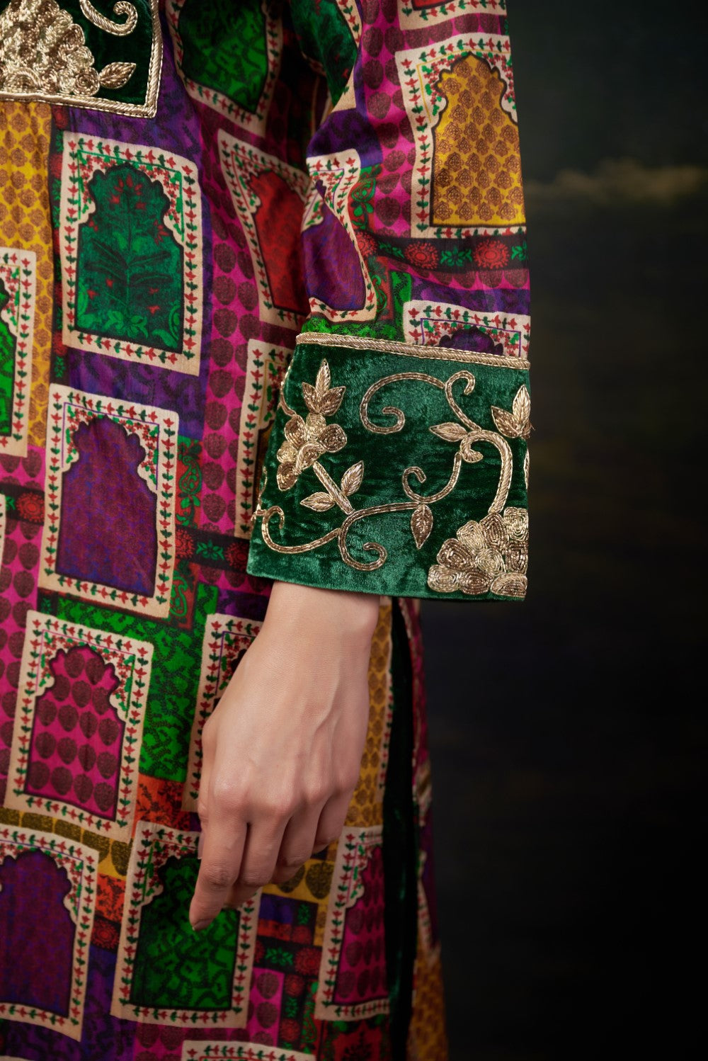 Hand-Embroidered Jharoka Print Green Kurta Set