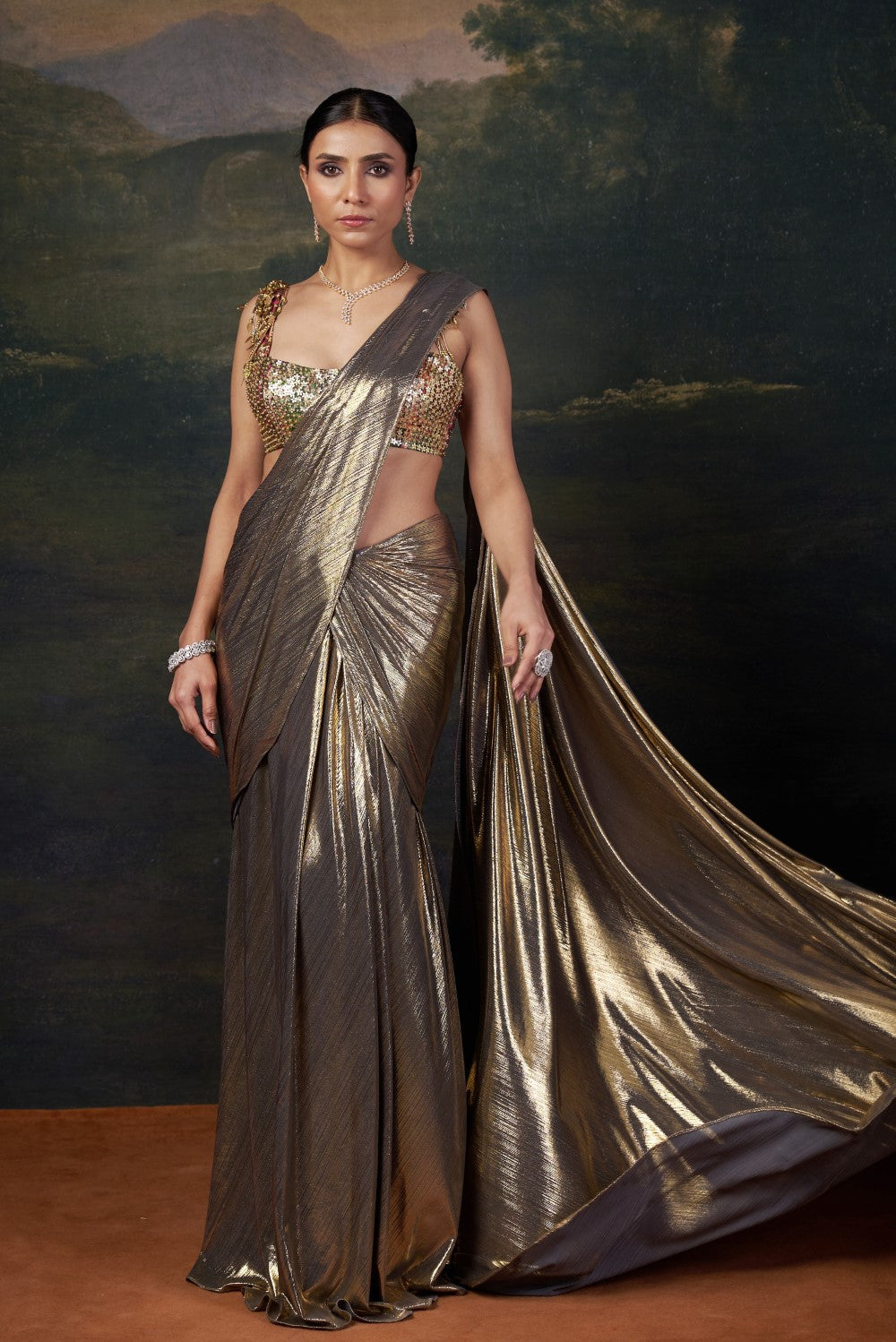 Heavy Hand-Embroidered Blouse with Pre-Draped Gold Saree