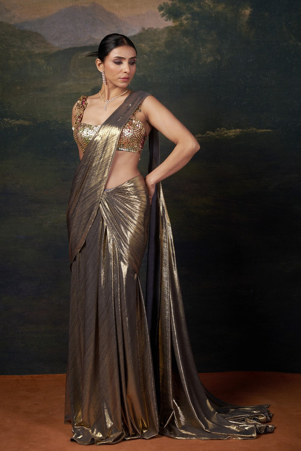 Heavy Hand-Embroidered Blouse with Pre-Draped Gold Saree