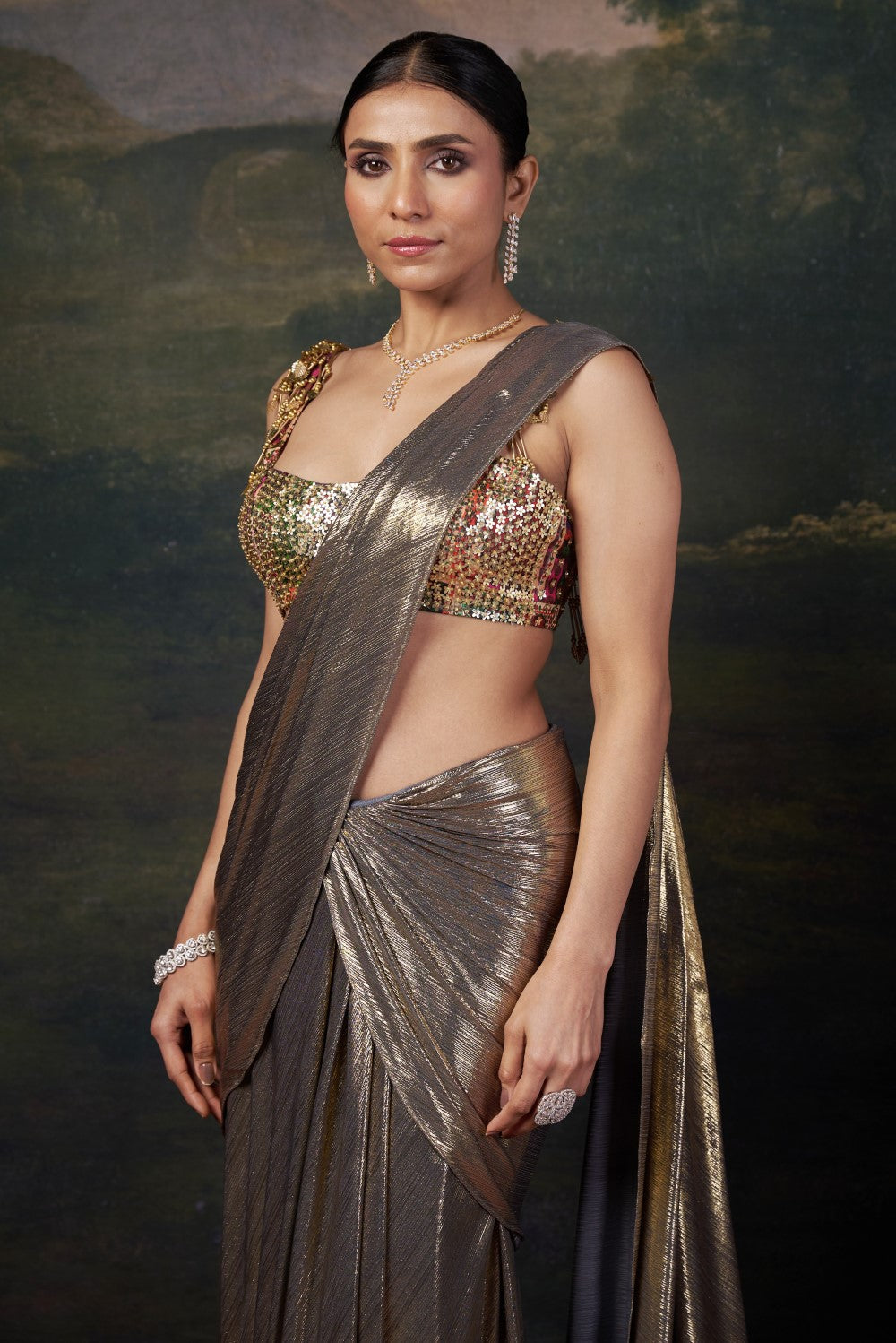 Heavy Hand-Embroidered Blouse with Pre-Draped Gold Saree