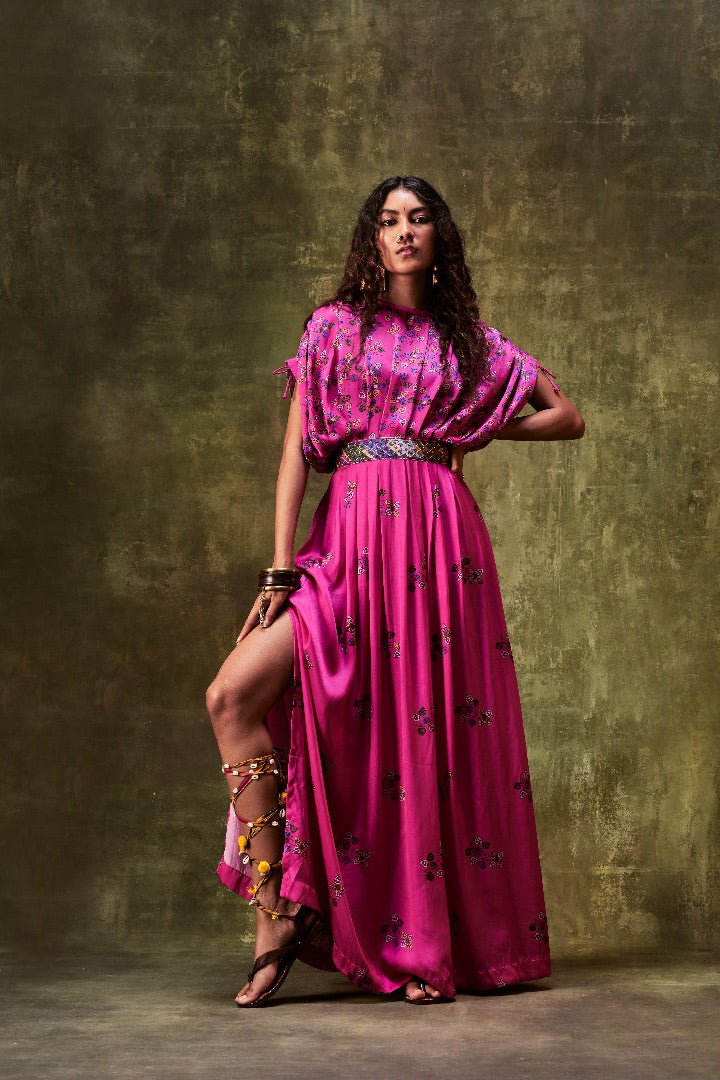 Pink Printed Waist belt Dress